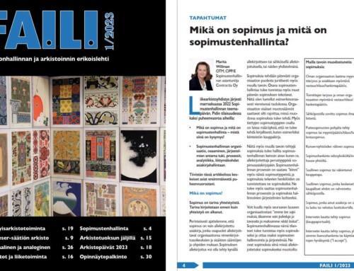 Lukuvinkki: Faili-lehden artikkeli – Mikä on sopimus ja mitä on sopimustenhallinta? Marita Willman Contractia Oy (Faili 1/2023)